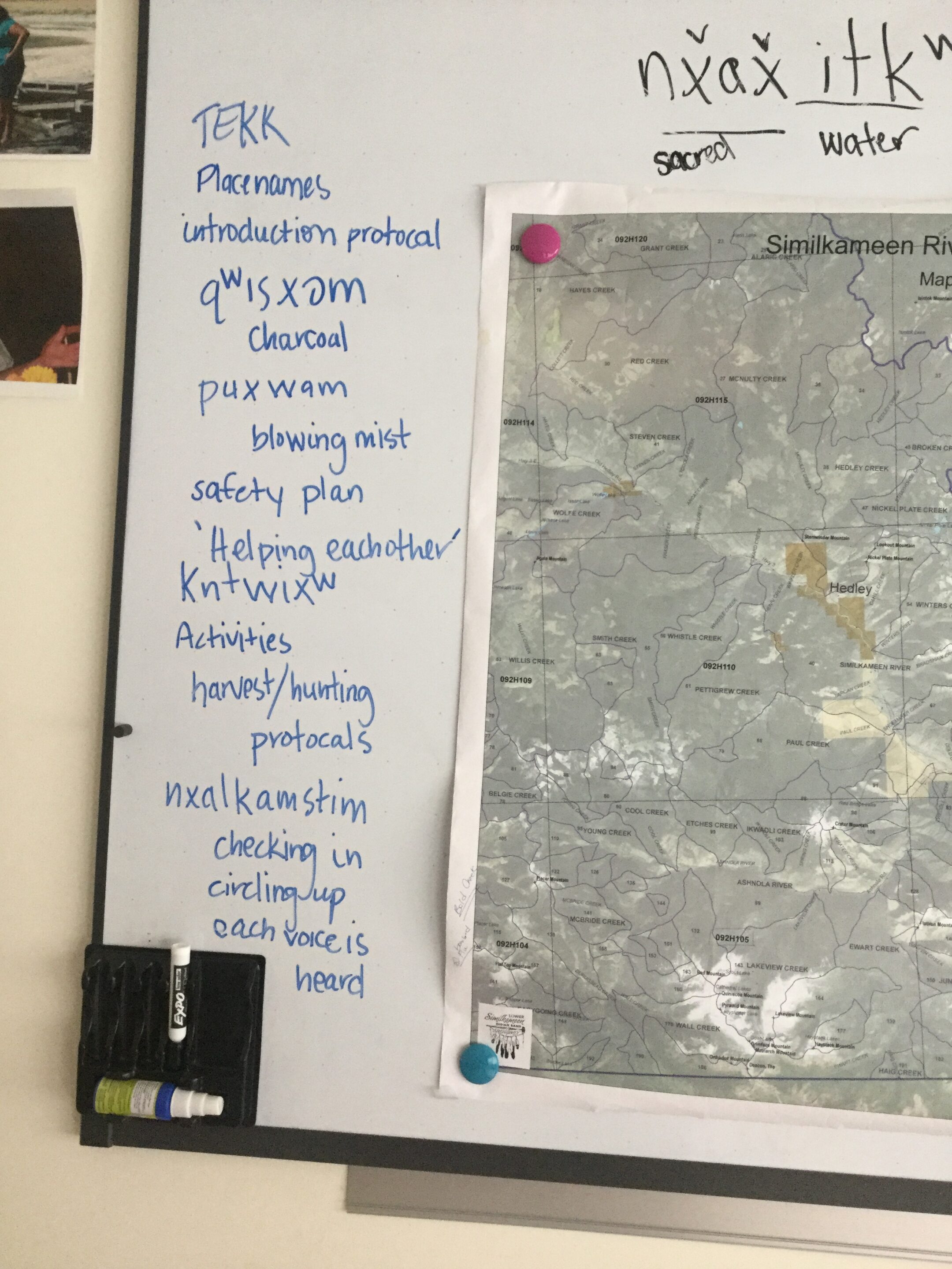 Project board with words and phrases in Syilx language for an Oral Histories Program funded by FPCC