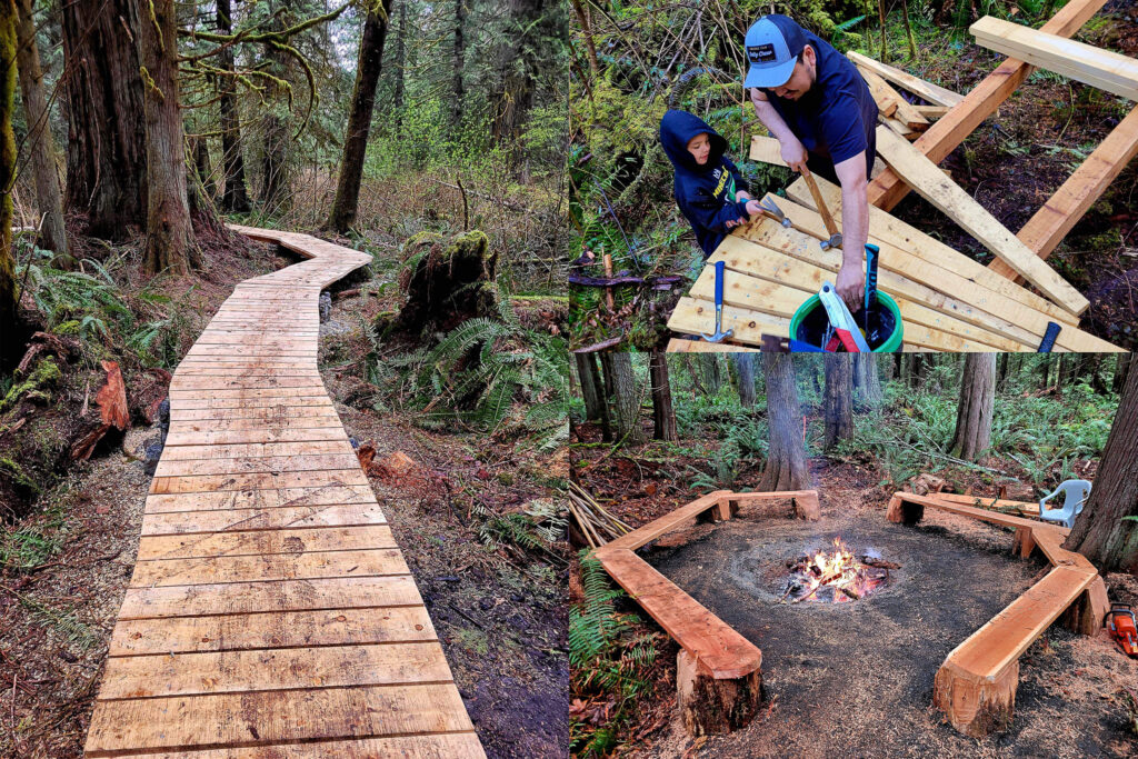 Collage of images showing parts of the Stz'uminus trail project being built. The project is funded by the FPCC Heritage Program Also shows a man working with a child to build the boardwalk