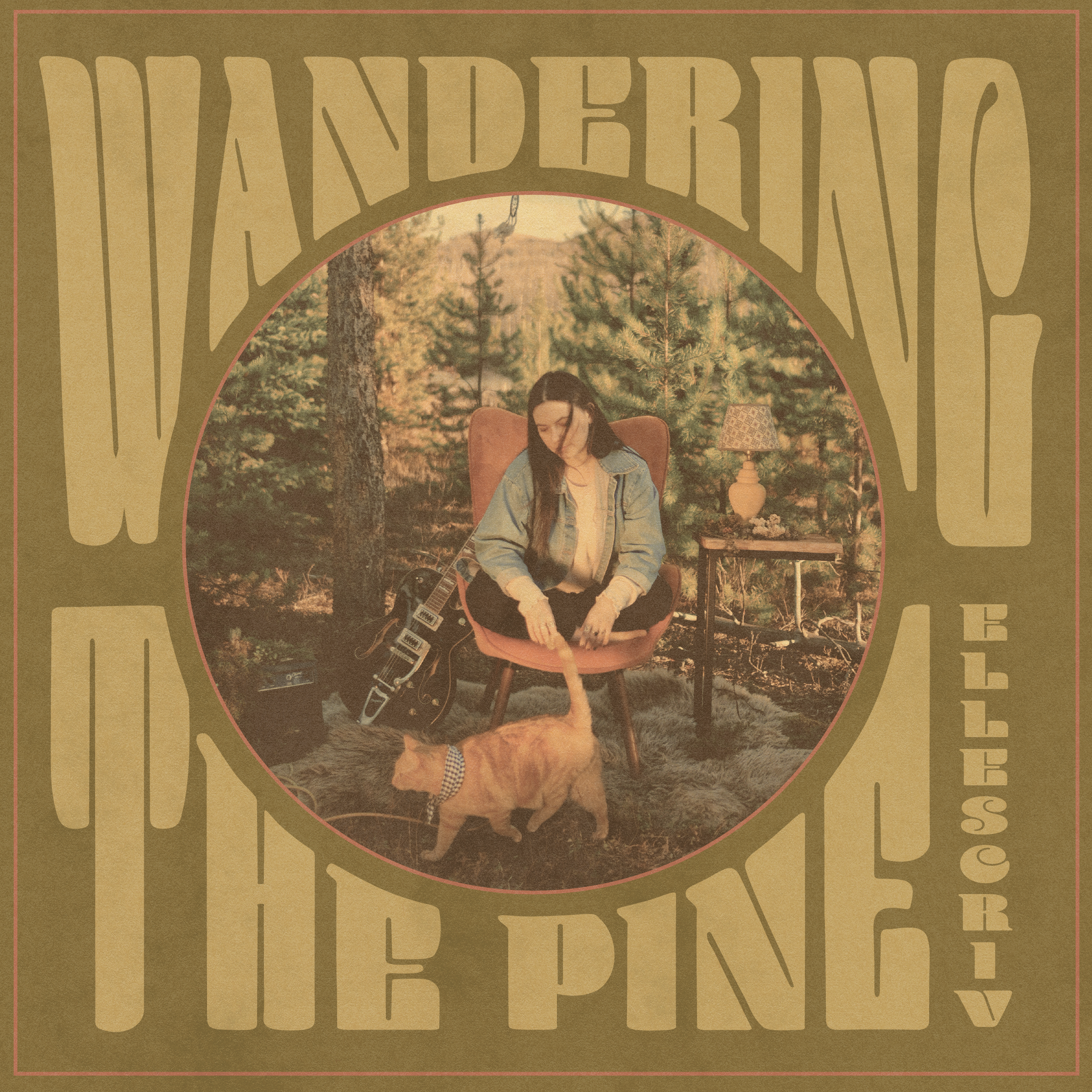 Wandering the Pine Album Cover artwork showing Lorissa sitting in an armchair in the woods with her guitar by her side and cat walking by in front