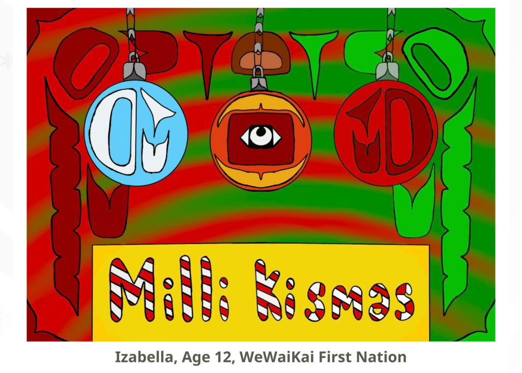 FPCC 2024 Holiday Card Contest Winner age 12, green and red design with ornaments with coastal first nations designs on them. Says Milli Kismas.