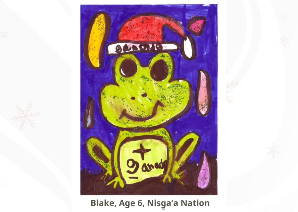 FPCC 2024 Holiday Card Contest Winner age 6. Child's drawing of a frog in a Santa hat.