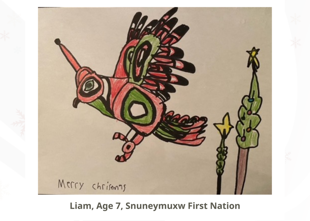 FPCC 2024 Holiday Card Contest Winner age 7, Image of a drawing of a green and red bird flying over trees