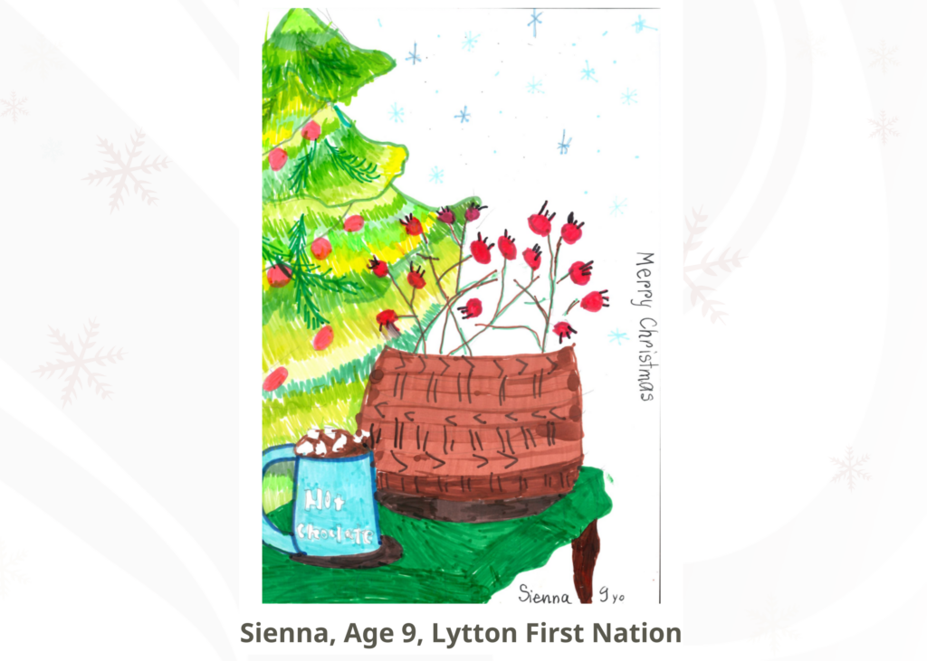 FPCC 2024 Holiday Card Contest Winner age 9, drawing of a woven basket gilled with rode hips on a table with hot chocolate in front of a tree.