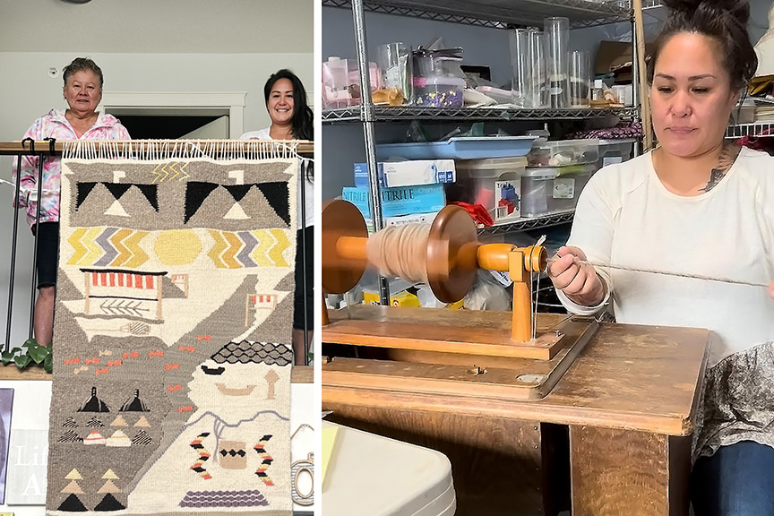 Two images, The one on the left shoes two woman standing on a balcony with a pictorial weaving hanging below them. The second image shows a woman spinning wool.