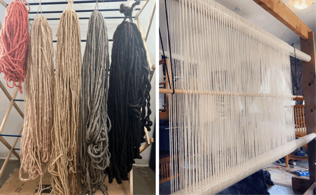 Two images, the first one shows res, cream, yellow, green and black wool hanging in bundles. The second images shows a weaving loom with base wool set up for weaving.